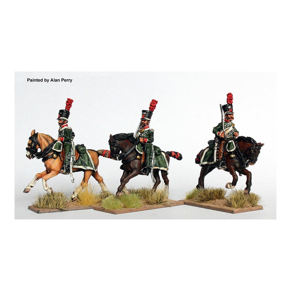Mounted Cazadores, galloping, swords shouldered (shakos)