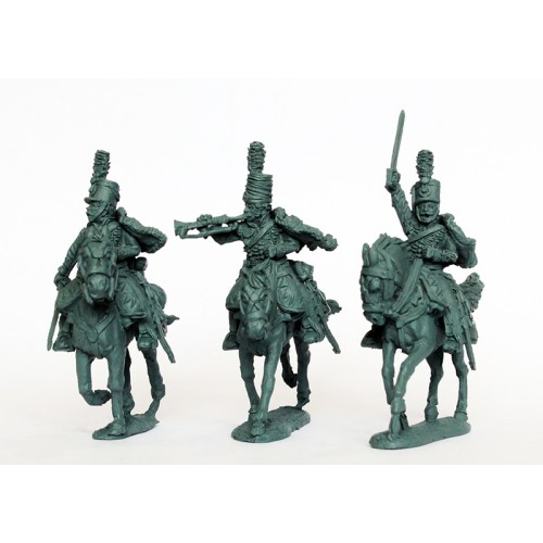 Hussar command in shakos, galloping