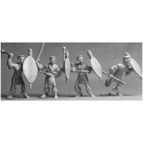 4 Married Zulu warriors with an assortment of weapons and shields.Cowtail Adornments.