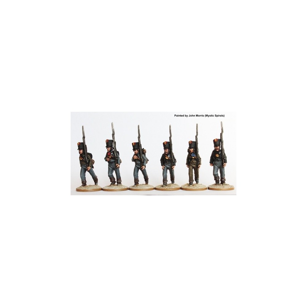 Fusiliers marching in plain belltop shakos and tailless jackets 1810-13