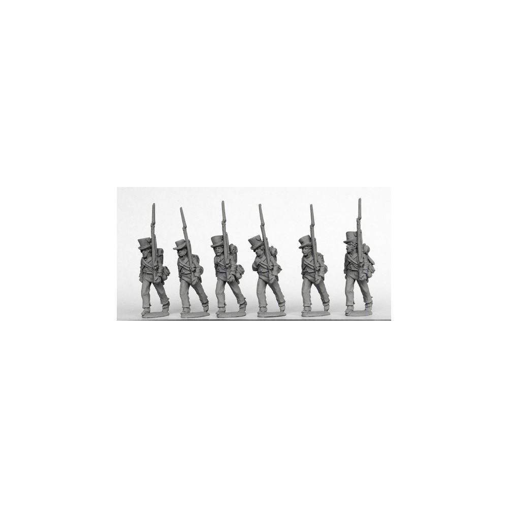 Fusiliers marching in round hats and short tailed jackets 1810-13